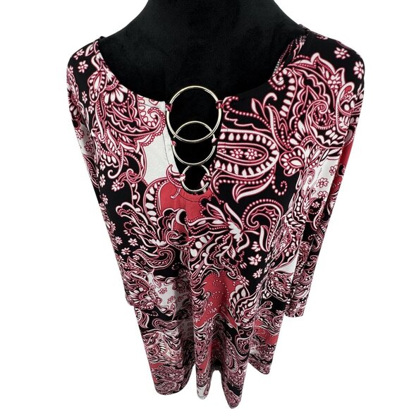 Susan Graver Liquid Knit Tunic‎ Top Womens Size 2X Red Paisley Keyhole Stretch - Picture 1 of 6